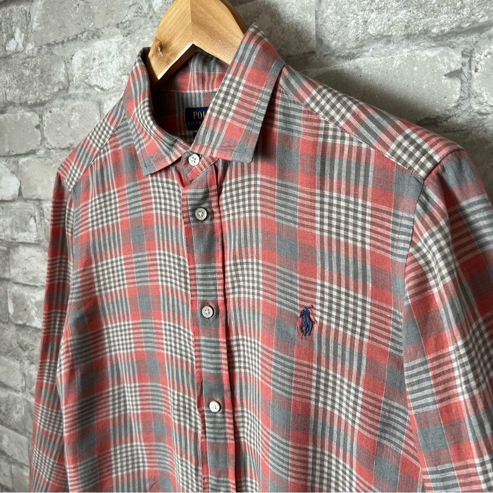 Polo Ralph Lauren Men's Large 100% Linen Pink Plaid Button Up Shirt. Classic Fit - Picture 4 of 11